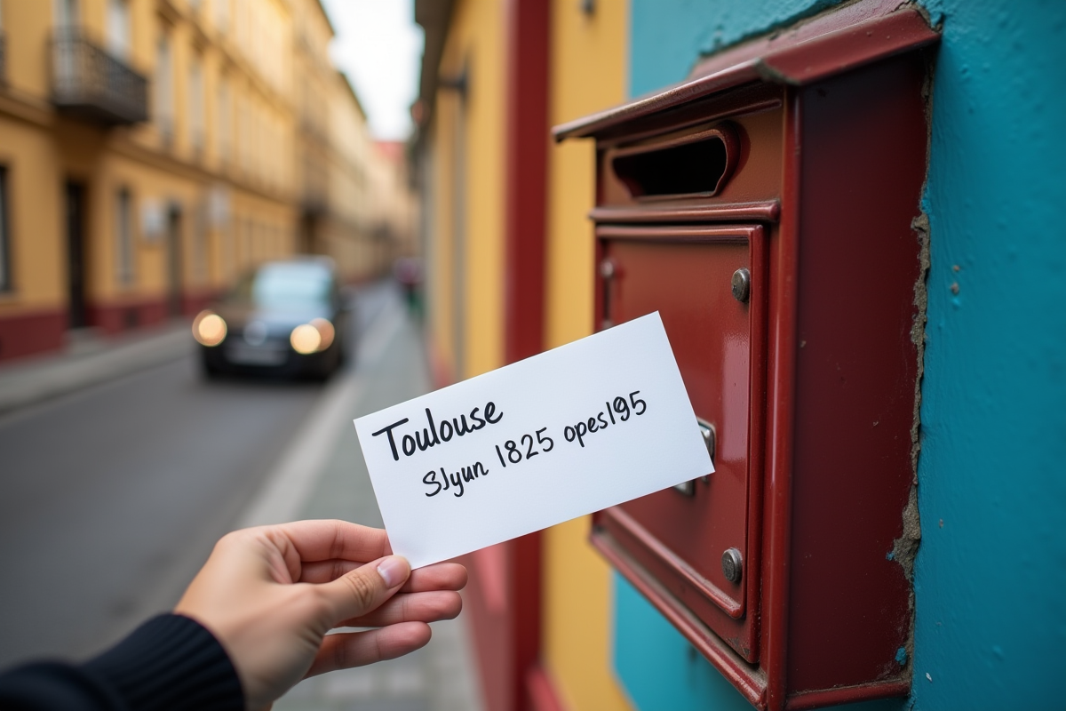 Main tenant une enveloppe avec code postal de Toulouse