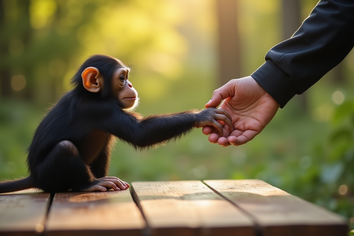 Main humaine et main de chimpanzee se touchant doucement