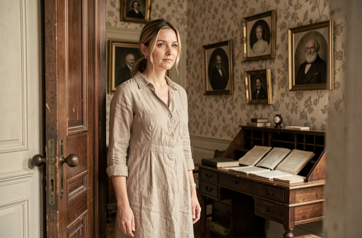Une femme adulte visitant l'intérieur restauré de la Maison Natale de Jean Giraudoux à Bellac avec mobilier d'époque et documents littéraires