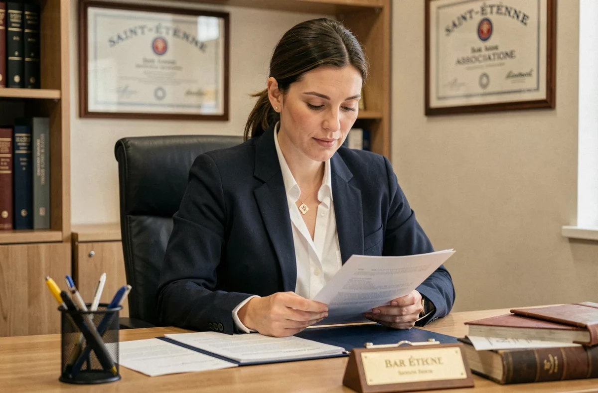 Maître Alexandra Lemoine, avocate au barreau de Saint-Étienne, à son bureau avec son certificat de barreau visible en arrière-plan