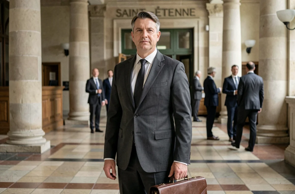 Maître Anthony Suc, avocat au barreau de Saint-Étienne, dans le hall du palais de justice avec une mallette en cuir