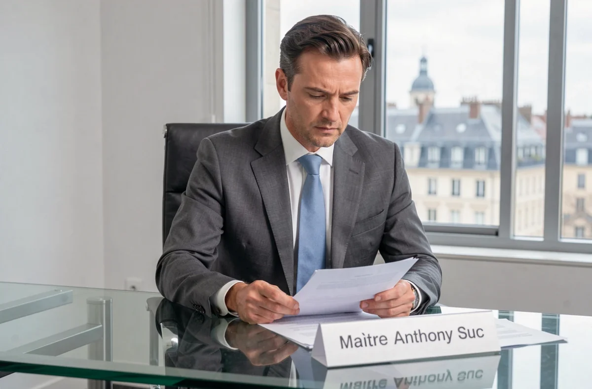 Maître Anthony Suc en costume gris à son bureau moderne avec vue sur Saint-Étienne en arrière-plan