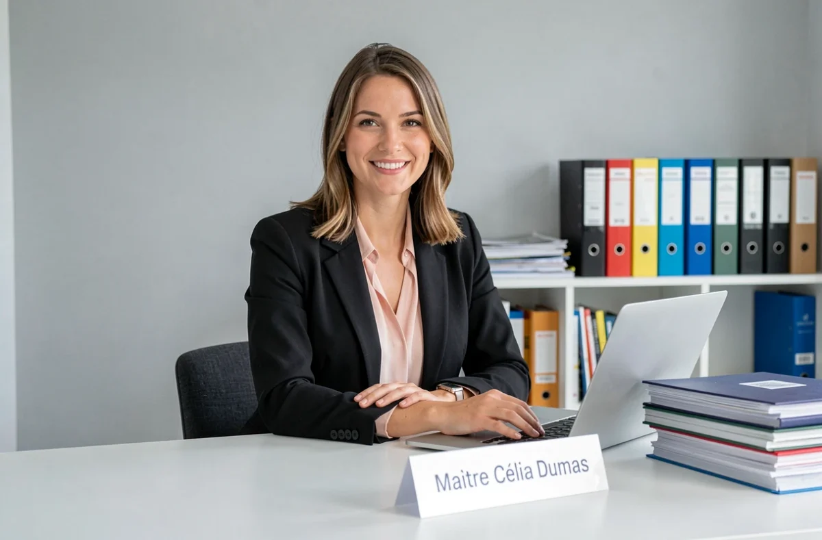 Maître Célia Dumas en blazer noir et chemisier rose à son bureau moderne avec classeurs juridiques