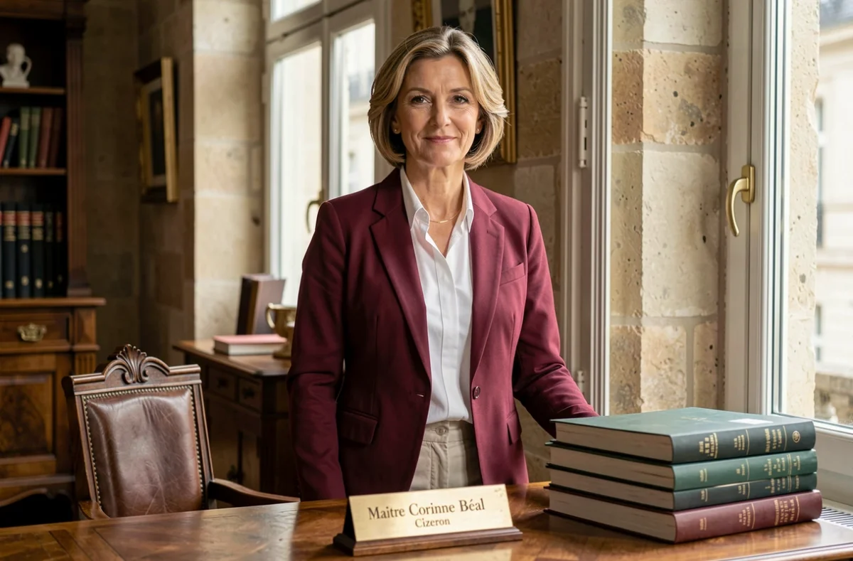 Maître Corinne Béal Cizeron en costume bordeaux dans son cabinet d'avocat au style traditionnel français