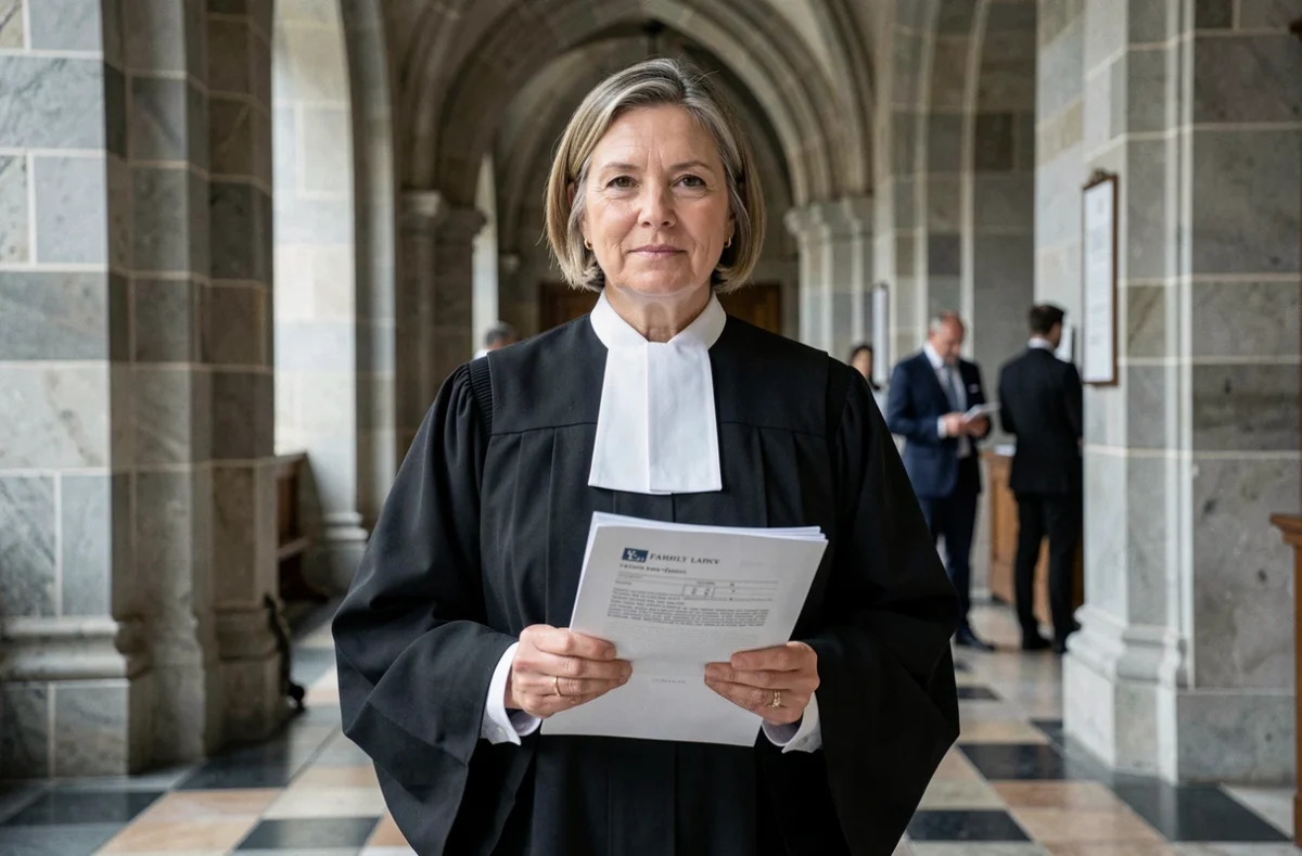 Maître Corinne Béal Cizeron, avocate spécialisée en droit de la famille à Saint-Étienne, en robe noire dans un couloir de palais de justice