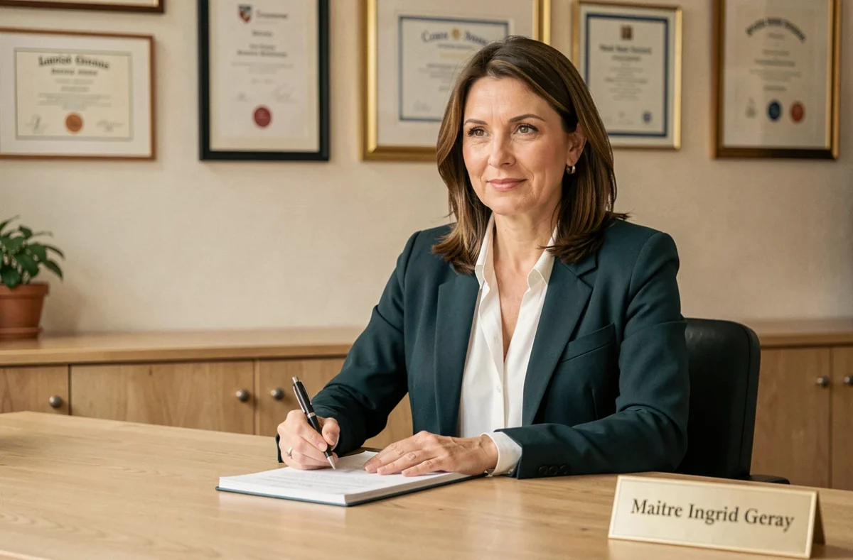 Maître Ingrid Geray en veste sarcelle à son bureau en chêne clair dans son cabinet d'avocats