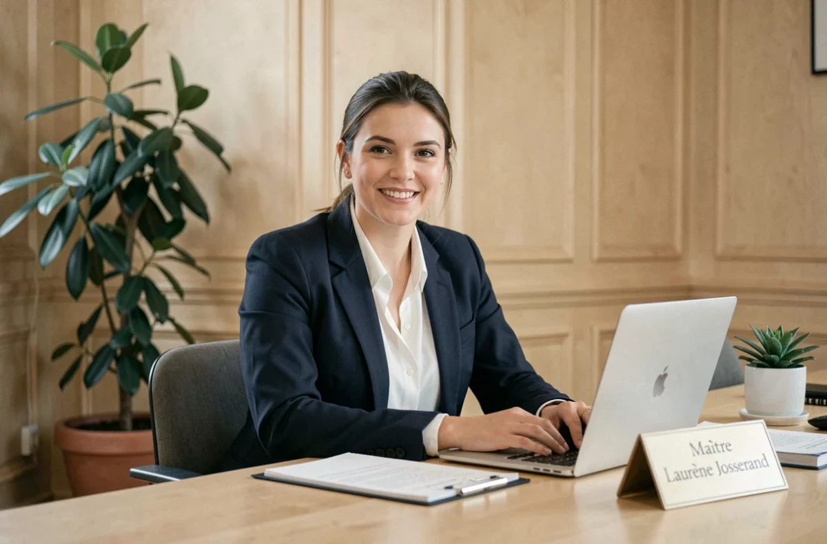 Maître Laurène Josserand en tailleur marine lors d'une consultation client dans un bureau contemporain