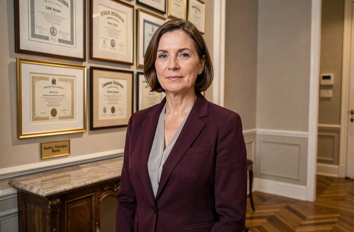 Maître Véronique Blazhy en blazer prune devant ses diplômes encadrés dans un cabinet d'avocat raffiné