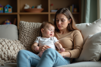 Maman fatiguée avec son bébé dans le salon cosy