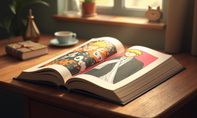 Livre manga Bleach ouvert avec illustrations colorées ambiance chaleureuse