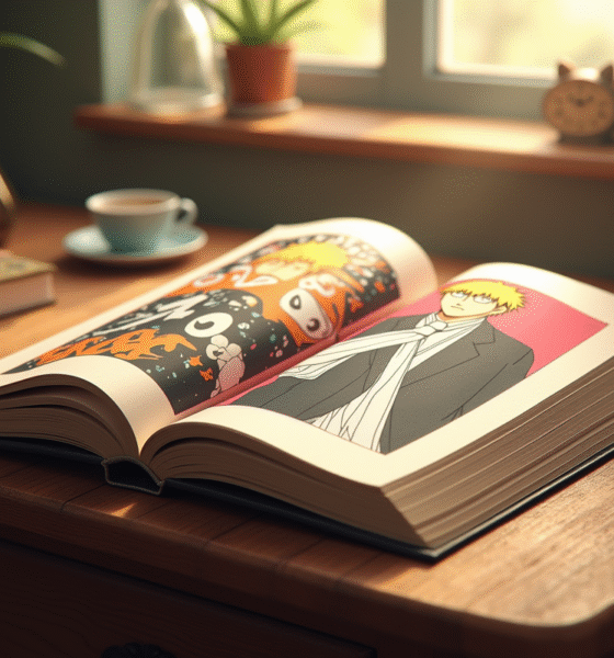 Livre manga Bleach ouvert avec illustrations colorées ambiance chaleureuse