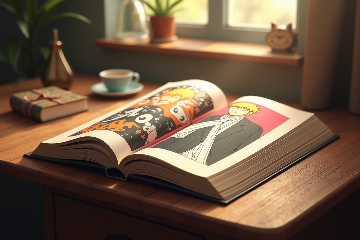 Livre manga Bleach ouvert avec illustrations colorées ambiance chaleureuse