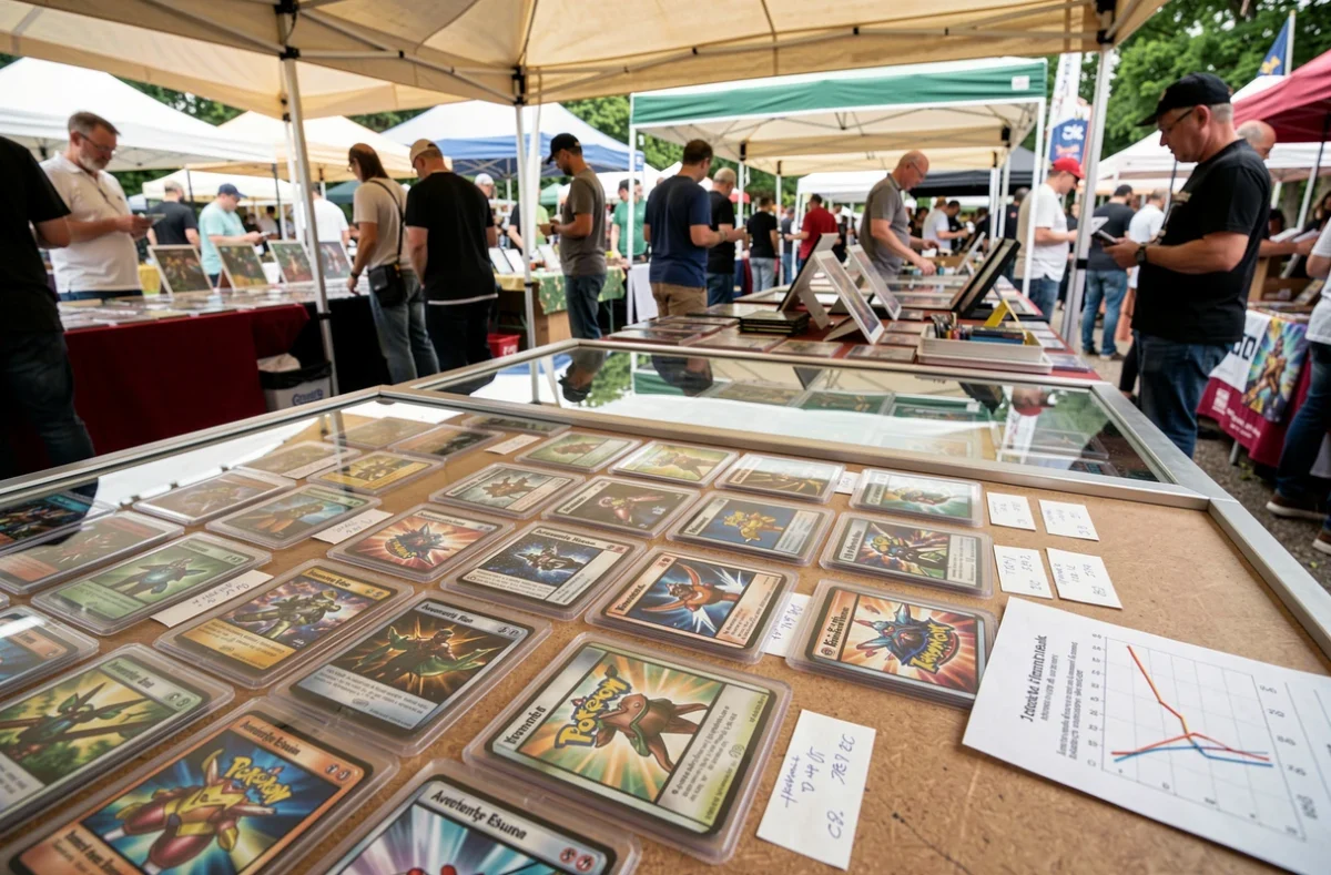 Table de vente de cartes Pokémon Aventure Ensemble dans un marché de collectionneurs avec étiquettes de prix et tendances de cotes