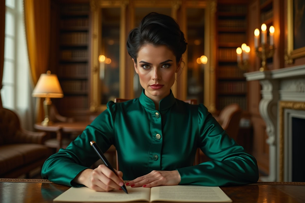 Femme aristocratique du XIXe siècle écrivant une lettre dans un salon parisien, inspirée du personnage de Mathilde de la Mole dans Le Rouge et le Noir