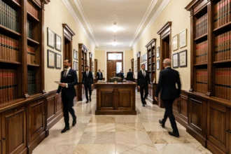 Couloir d'un cabinet d'avocats prestigieux à Saint-Étienne avec des étagères de livres juridiques et une balance de justice symbolisant le droit dans la Loire