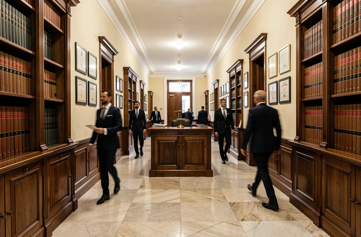 Couloir d'un cabinet d'avocats prestigieux à Saint-Étienne avec des étagères de livres juridiques et une balance de justice symbolisant le droit dans la Loire