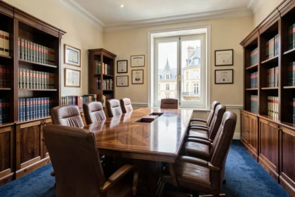 Vue d'ensemble d'un cabinet d'avocats professionnel à Saint-Étienne avec table de conférence en bois et bibliothèques juridiques
