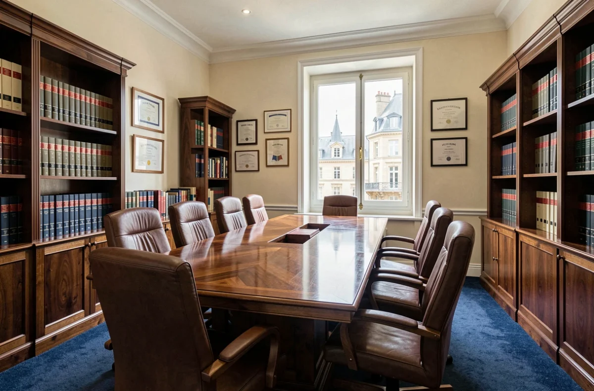 Vue d'ensemble d'un cabinet d'avocats professionnel à Saint-Étienne avec table de conférence en bois et bibliothèques juridiques