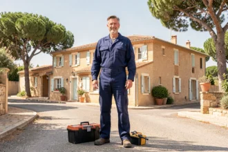Un électricien professionnel devant une rue provençale dans le Var, symbolisant les meilleurs électriciens de la région