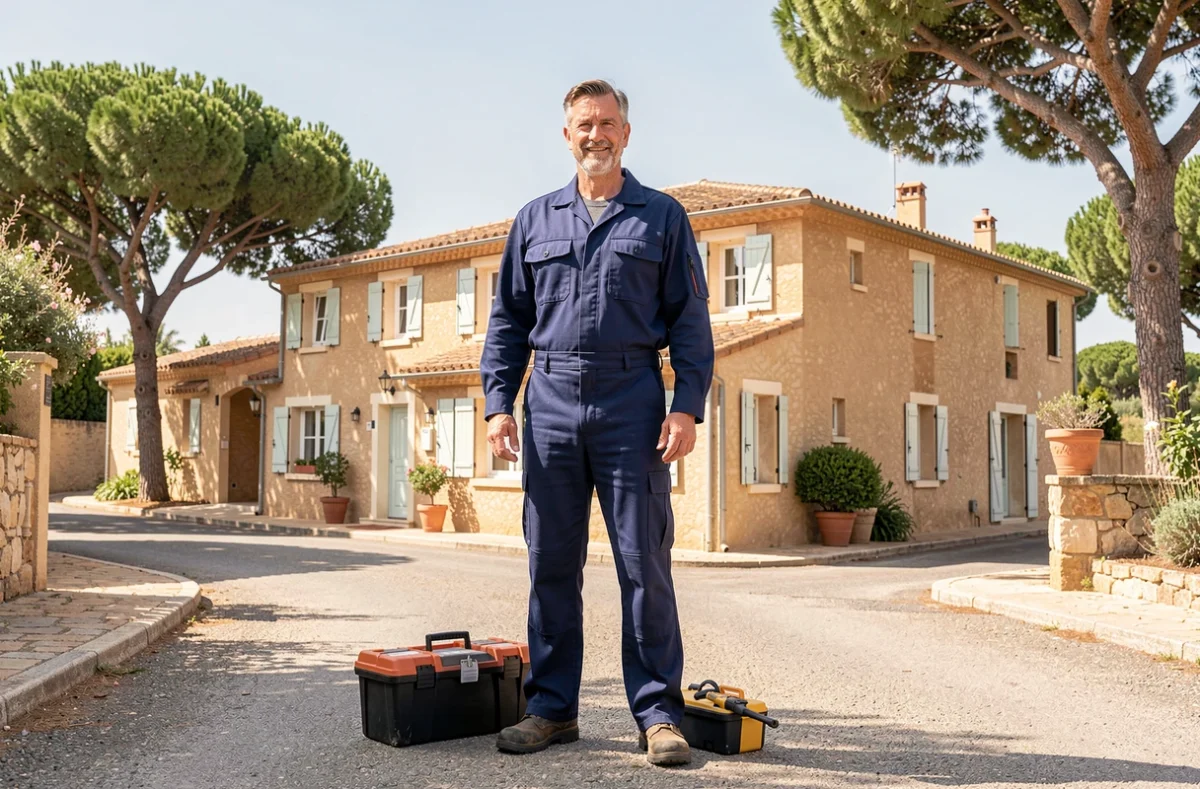 Un électricien professionnel devant une rue provençale dans le Var, symbolisant les meilleurs électriciens de la région