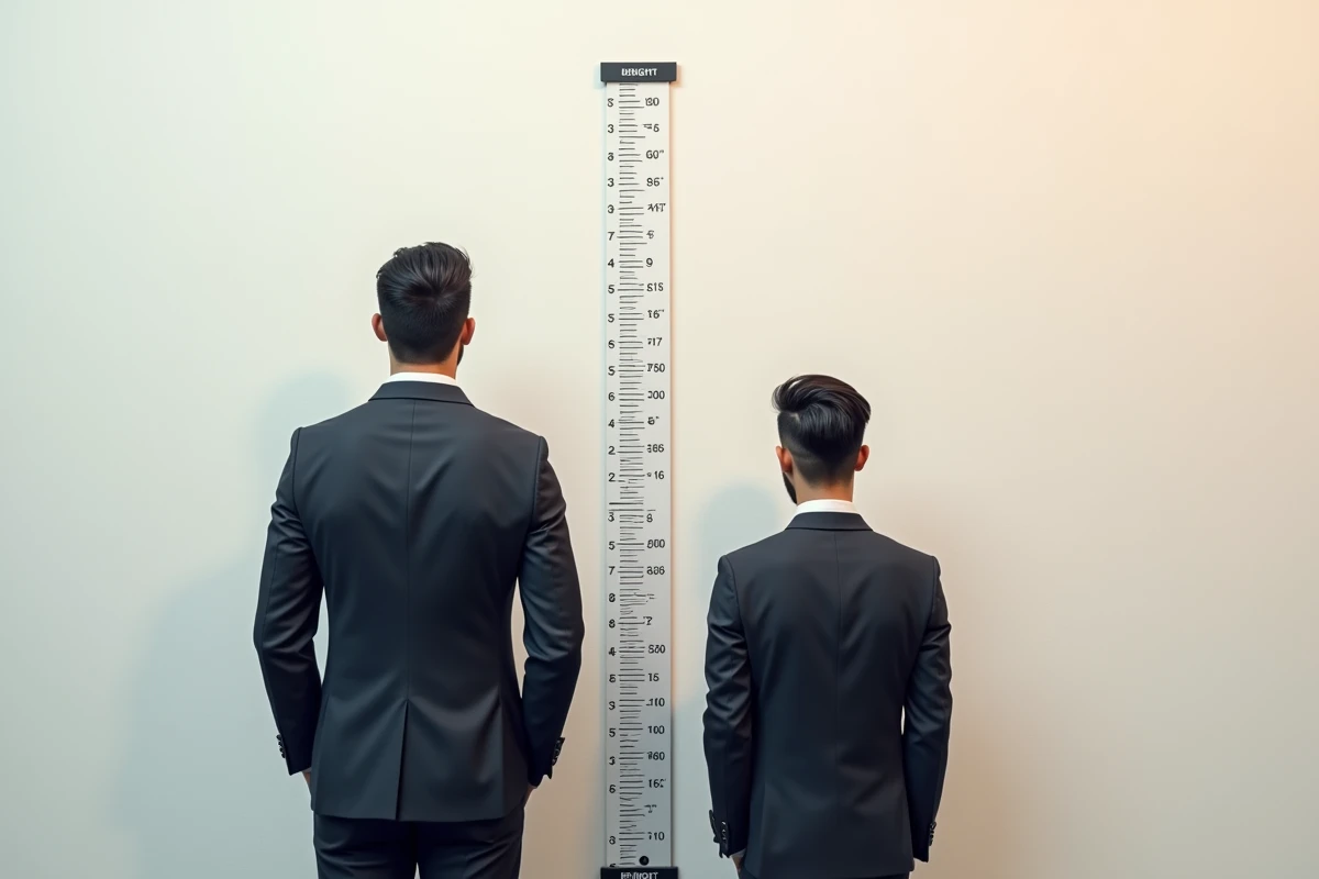 Tableau de mesure de taille avec deux silhouettes masculines illustrant la différence de hauteur entre personnalités politiques