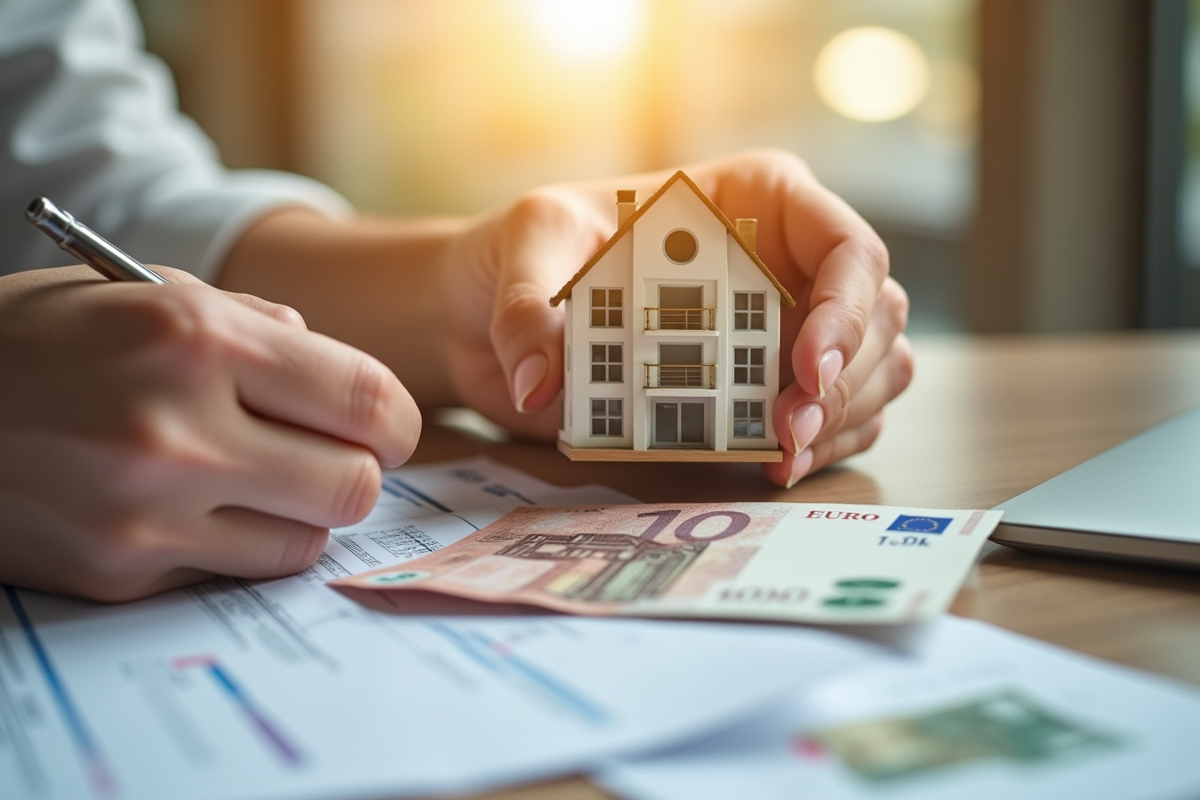 Mains tenant un modele d appartement avec billets et formulaires