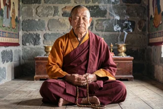 Moine bouddhiste tibétain âgé en méditation dans un monastère, tenant un mala, entouré de thangkas et de lampes à beurre, illustrant la compassion et le mantra Om Mani Padme Hum