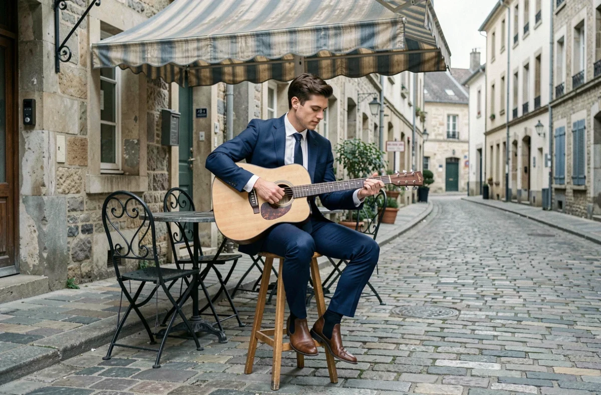 Un jeune musicien en costume années 60 joue de la guitare acoustique en terrasse de café dans une ville française, illustrant l'influence de la pop française vintage sur la scène musicale contemporaine.