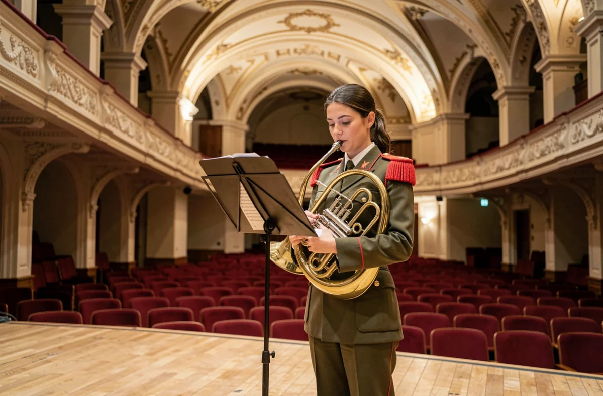 Musicienne militaire jouant du cor d'harmonie seule dans une salle de concert historique