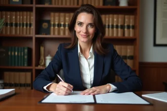 Notaire en costume vérifiant des documents officiels