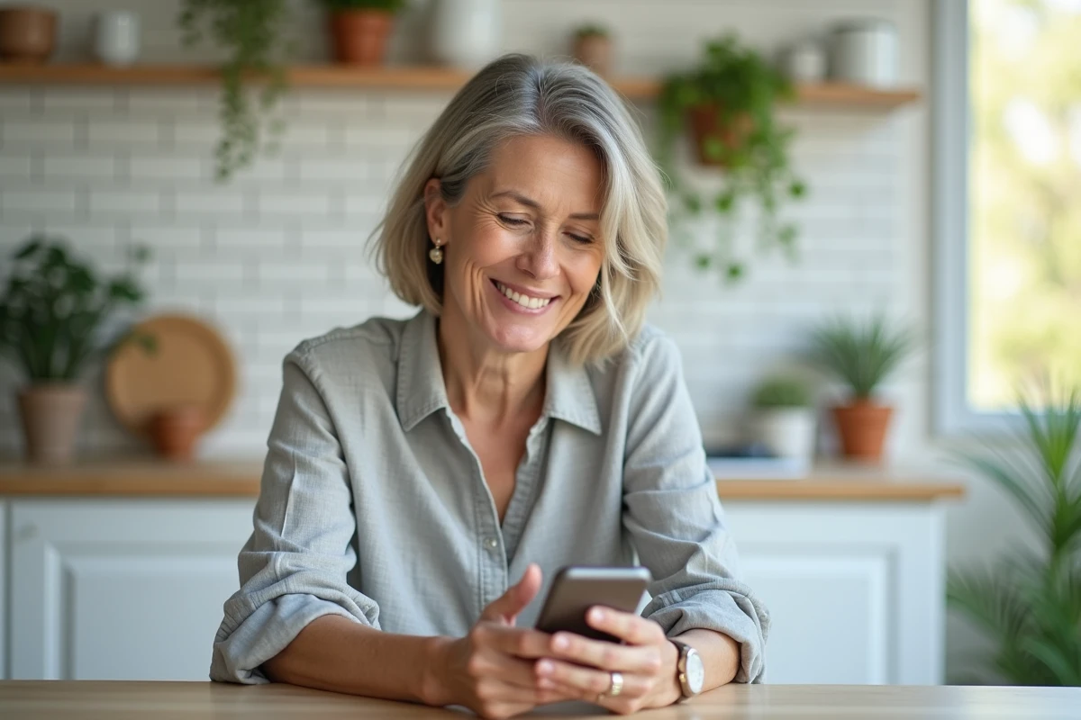 Femme consultant la confirmation de paiement d'un achat sur une plateforme de vente en ligne