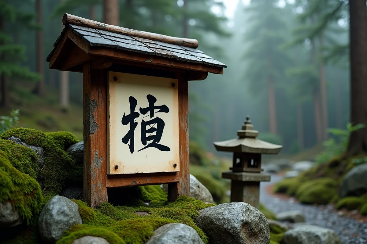 Panneau en bois traditionnel avec kanji de bain thermal japonais sur poteau en cèdre entouré de mousse et de pierres