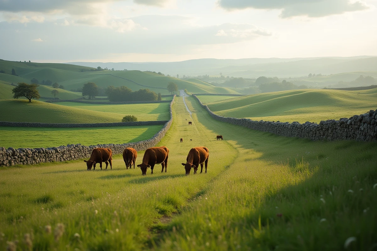 Paysage vallonné de la Creuse autour de Saint-Goussaud avec des vaches limousines, des murs en pierre sèche et des collines verdoyantes typiques du Massif Central