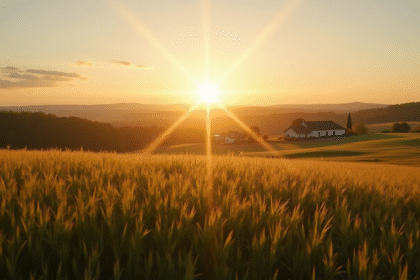 Paysage rural français au lever du soleil avec champs et maisons