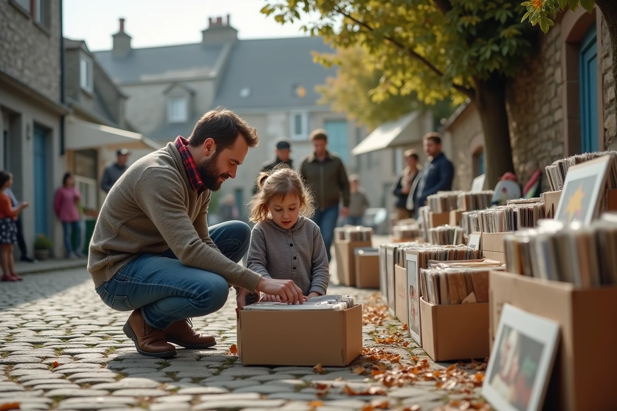 Père et fille cherchant des vinyles lors d