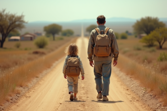 Père et fille marchant sur une route rurale en voyage