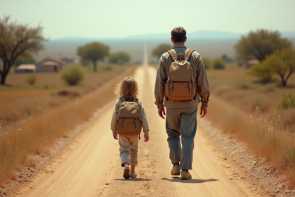 Père et fille marchant sur une route rurale en voyage