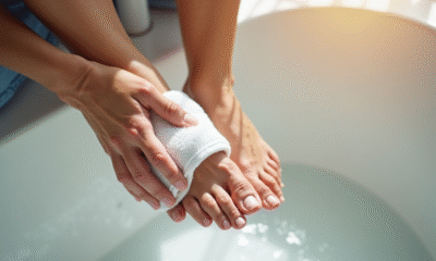 Personne agee hydrate ses pieds dans une salle de bain lumineuse