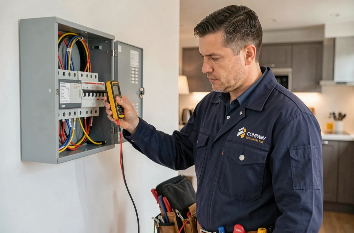 Électricien de PHASE ELEC 83 inspectant un tableau électrique dans une maison résidentielle du Var