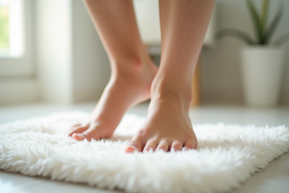 Pieds sains marchant sur un tapis blanc moelleux
