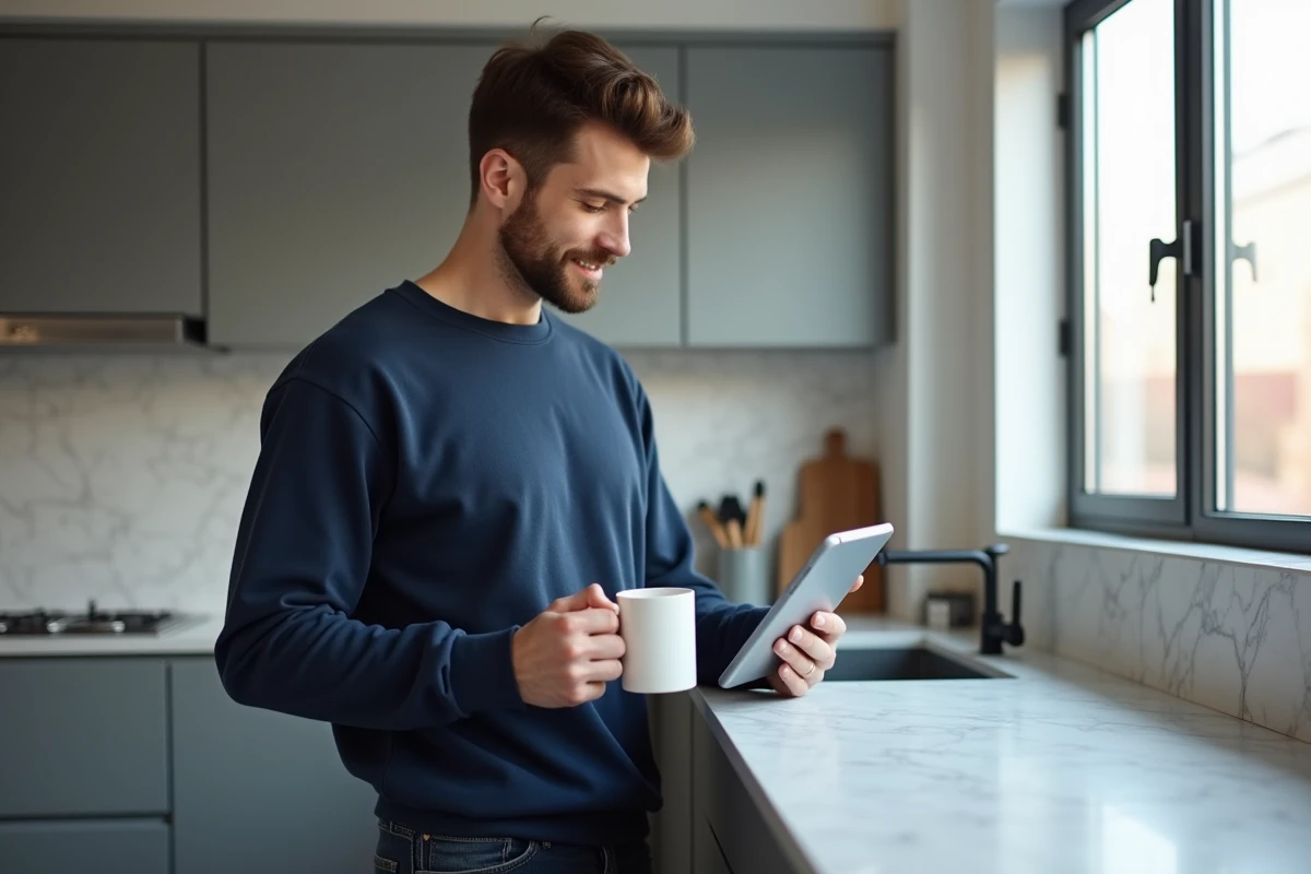 Homme consultant un calendrier de publication TikTok sur une tablette dans une cuisine moderne pour planifier ses vidéos du vendredi