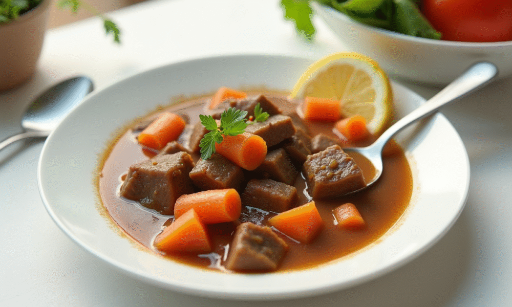 Assiette colorée de ragout de boeuf avec carottes pour enfants