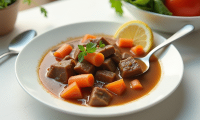 Assiette colorée de ragout de boeuf avec carottes pour enfants