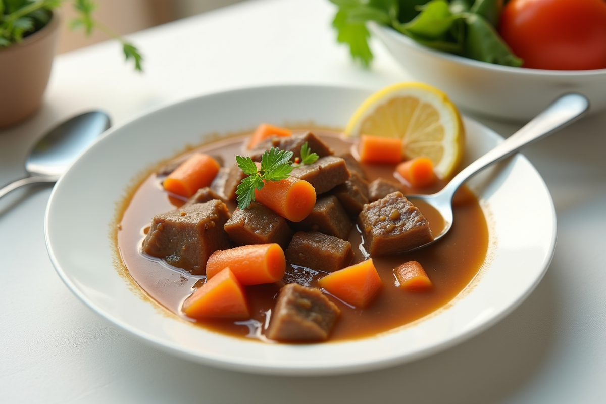 Assiette colorée de ragout de boeuf avec carottes pour enfants