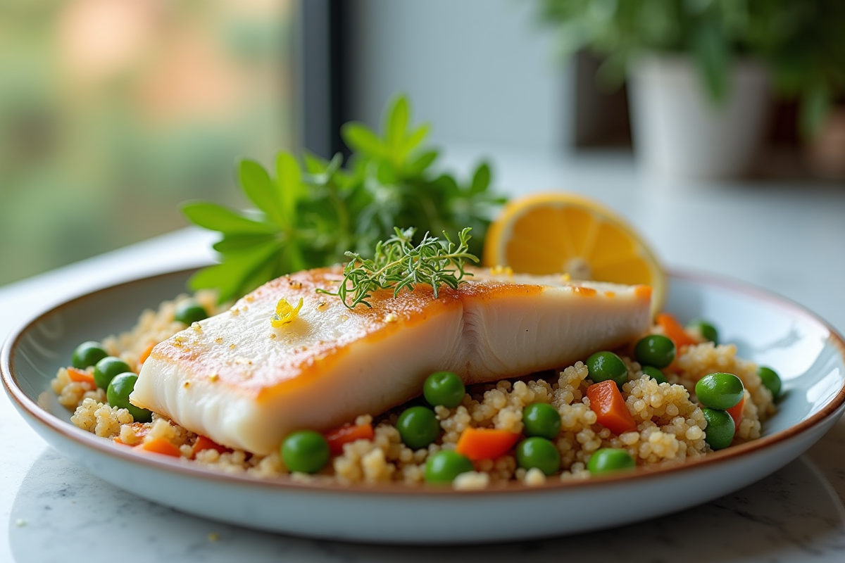 Poisson vapeur avec salade de quinoa aux agrumes et microgreens