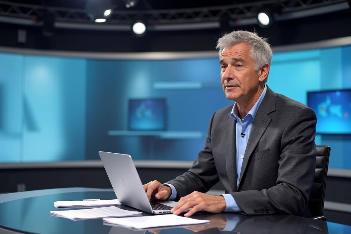 Présentateur de journal télévisé assis au bureau de présentation lors d'une répétition en plateau de télévision française