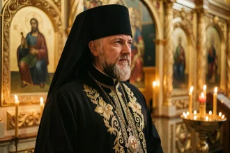 Prêtre orthodoxe en soutane noire devant un iconostase doré dans une église orthodoxe