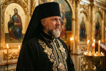 Prêtre orthodoxe en soutane noire devant un iconostase doré dans une église orthodoxe