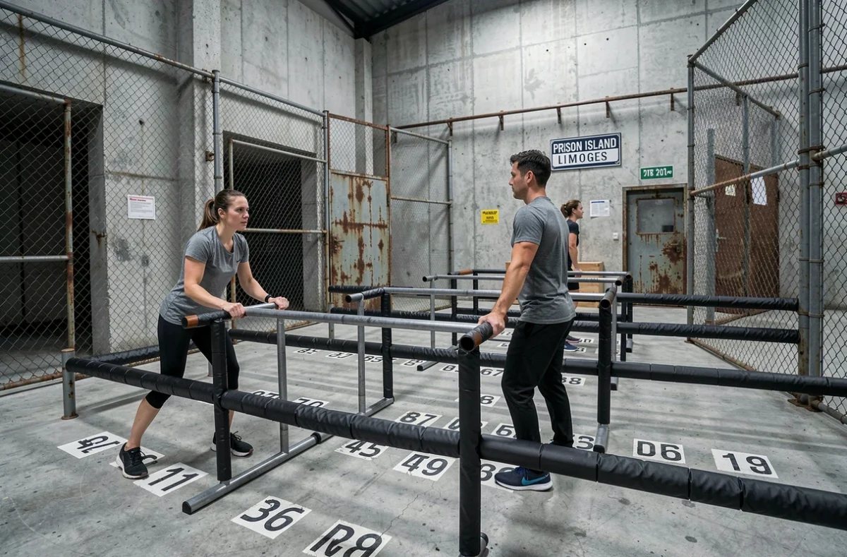 Deux adultes participant aux défis physiques du parcours Prison Island à Limoges dans une arène intérieure inspirée d'une prison