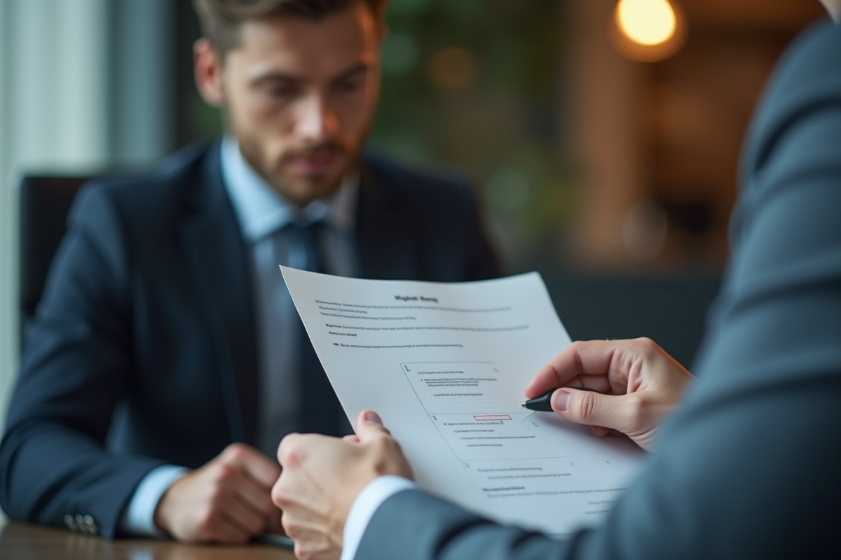 Professionnel en costume lisant un dossier juridique mis en évidence